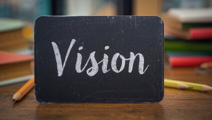 Vision written on a small black board, focus on clarity