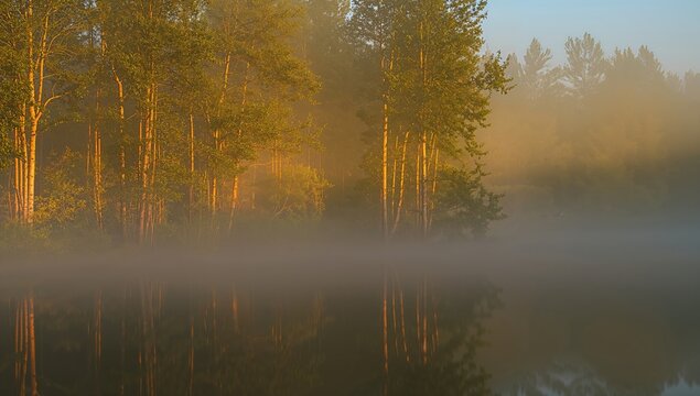 Mysterious lake enveloped in fog, illuminated by sunlight and surrounded by trees, seasonal change - Powered by Adobe