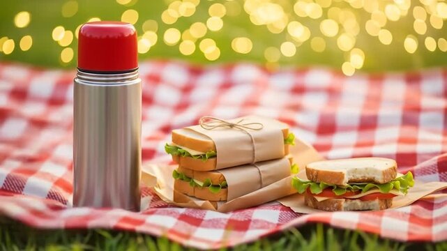 Cozy picnic with thermos and sandwiches on a checkered blanket in the warm light