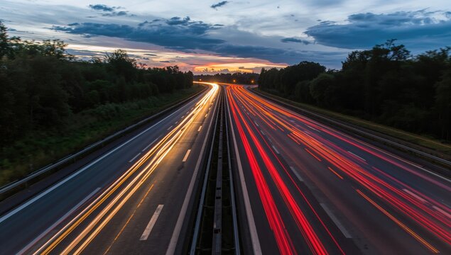 Cars speed along a busy motorway at dusk, creating vibrant light trails, evening commute dynamics