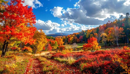 Autumnal landscape with vibrant red and yellow foliage under a partly cloudy sky, showcasing nature's colorful spectacle