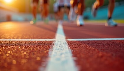 Athletes legs run on red track lanes at sunrise. Focus on white line with blurred motion from fast sprint. Competition for victory on sports field.