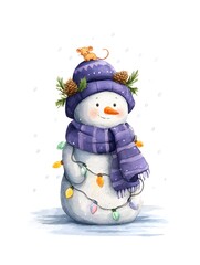 Cute watercolor snowman in purple hat and scarf with Christmas lights and mouse on top, cozy winter holiday illustration for greeting cards