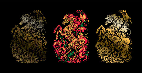 Vector colorful illustration of a fiery horse made of Khokhloma patterns and ornaments, the symbol of the 2026 Chinese New Year. Vector illustration