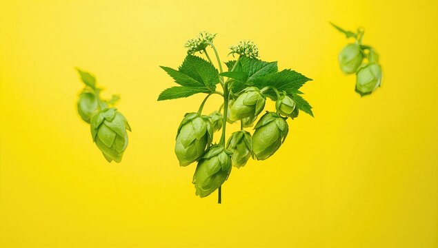 Fresh green hops plant suspended in the air, ideal for brewing applications
