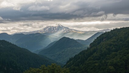 Fototapeta premium A distant view of mountains under a cloudy sky, showcasing erosion risk