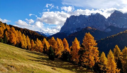 Naklejka premium Autumnal mountain landscape with golden larches, sloping meadow, and blue sky with scattered clouds