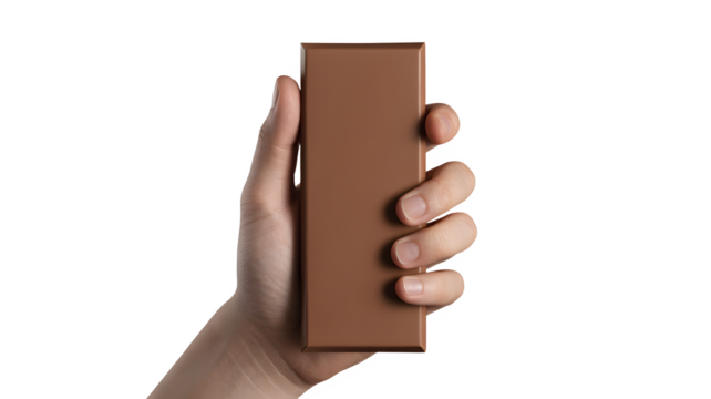 Hand holding a closed brown cardboard box, offering a package, delivering, giving a gift, or presenting a product in studio shot