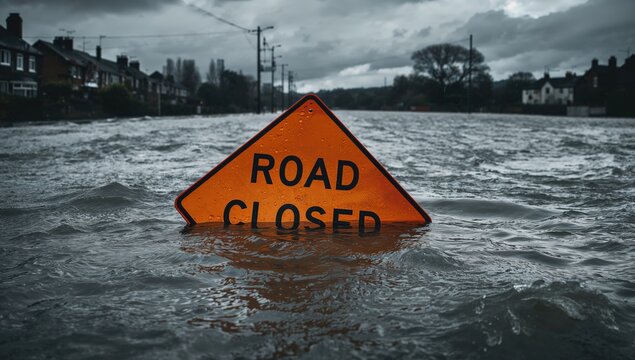 Road flood closed sign submerged in deep water due to severe rainy weather, urban infrastructure risk