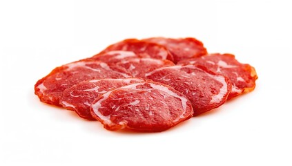 Isolated Salami Slices on a White Background, protein-rich meal