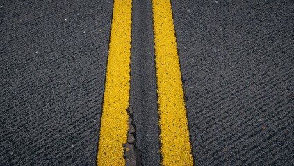 Vertical view of asphalt surface featuring dual yellow lines, suitable as a UI backdrop