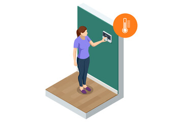 Smart Home Climate Control. Isometric illustration of a woman adjusting a smart thermostat on a wall, controlling room temperature in a modern home