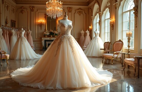 Elegant bridal gown displayed on mannequin in luxurious salon. Other wedding dresses hang on rack. Ornate interior with chandeliers and plush chairs create opulent ambiance.