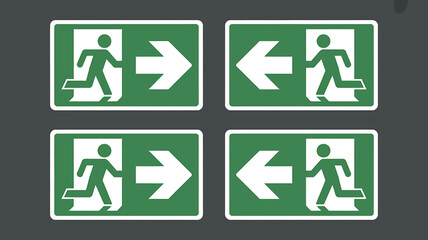Green emergency exit signs with directional arrows for safety