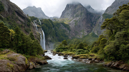Landscape view of a waterfall flowing into a river surrounded by mountains