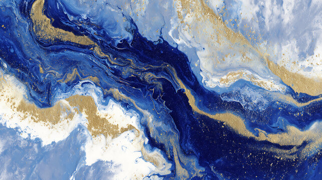 Deep blue and gold fluid art with swirling patterns abstract marble