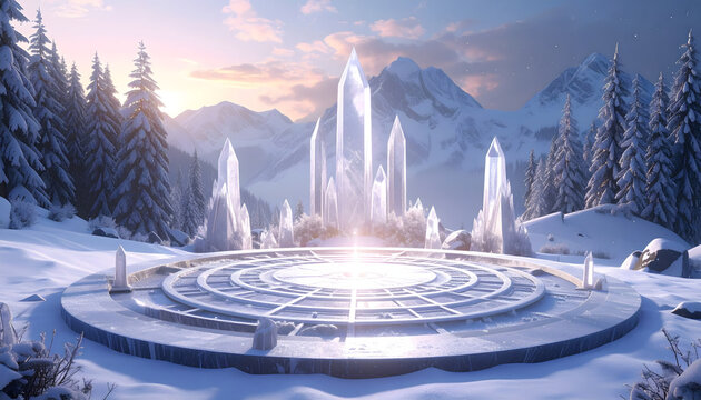 A landscape with a magic circle from the Land of Ice in a snowy forest
