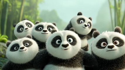 Animated panda group playful black and white characters in a green forest - Powered by Adobe