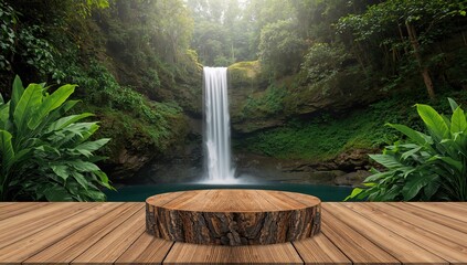 Wood table podium set against a lush tropical forest waterfall backdrop, emphasizing organic health benefits