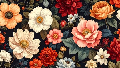 Assorted vivid flowers and buds with foliage arranged over a dark background, full bloom floral pattern