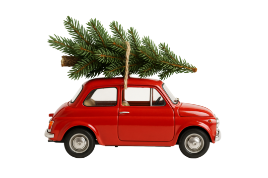 Small red car carrying Christmas tree on top. Winter travel joy.