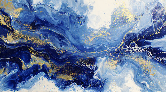 Deep blue and gold fluid art with swirling patterns and textured effects abstract acrylic pour