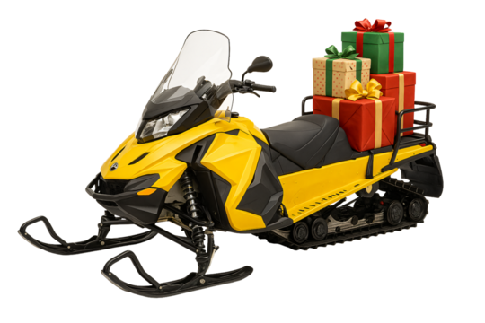 Yellow snowmobile with stack of Christmas gifts. Arctic delivery concept.