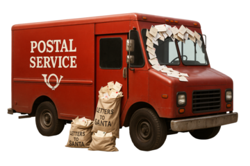 Postal truck overflowing with letters to Santa. Holiday rush.