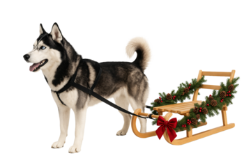 Husky dog pulling sled with wreath. Winter adventure concept.
