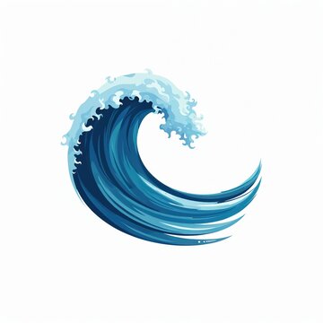 Stylized blue ocean wave crests and curls. Dynamic water motion forms simple graphic art. Represents surf culture, sea power, nature or marine themes.