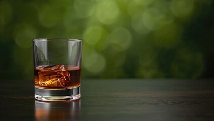 Whiskey glass resting on a table, enriched with green bokeh backdrop, enhancing visual depth