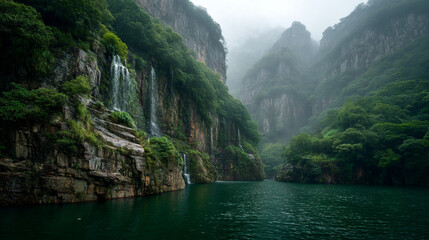 Landscape of a river flowing through rocky cliffs with misty mountains