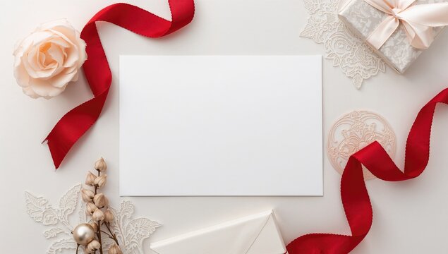 White blank greeting card with a gift box adorned with a red ribbon and flower, ideal for personalized messages