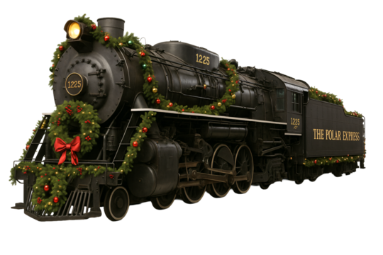 Festive vintage train with lights and wreath. Christmas transportation.