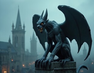 Scary gothic stone gargoyle statue with sharp horns, fangs, red glowing eyes perches atop ancient building. Muscular creature large bat like wings, sharp claws. Ancient castle towers rise in misty