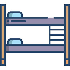 Simple Iconographic Representation of a Brown Wooden Bunk Bed with Blue Pillows and Gray Accents on a Transparent Background
