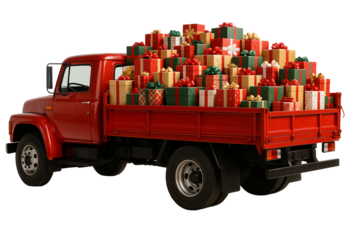 Red truck loaded with many Christmas presents. Festive delivery.