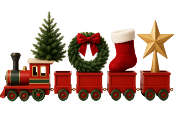 Toy train with tree, wreath, and stockings. Festive decoration.