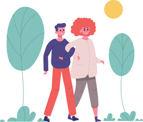 Two people walking arm in arm enjoying a sunny day outdoors