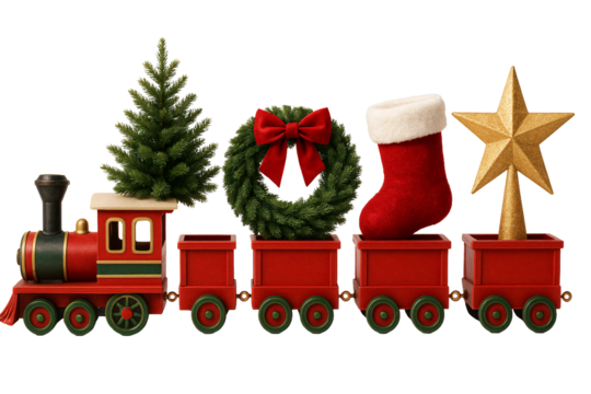 Toy train with tree, wreath, and stockings. Festive decoration.