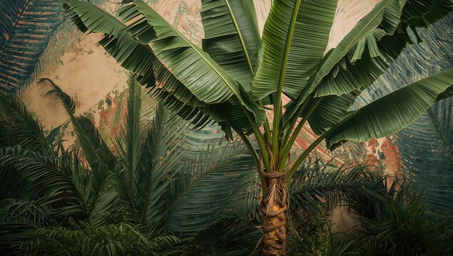 Tropical foliage featuring a banana tree, ideal for nature-themed backgrounds - Powered by Adobe