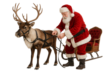 Santa petting reindeer. Holiday kindness and friendship.