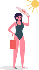 Woman shielding from sun with hat wearing swimsuit