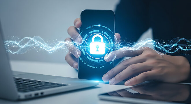 Person holding smartphone with digital lock, security and data protection concept, with laptop nearby