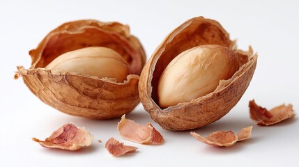 A close-up of broken walnut shells revealing whole walnuts inside, surrounded by shell fragments on a clean surface.