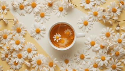 White chamomile flowers with a cup of tea on a bright yellow and white surface, beneficial herbal drink choice