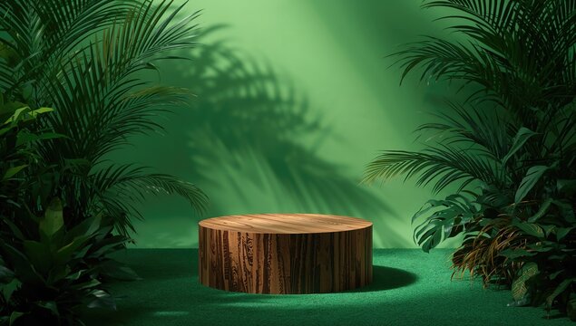 Wooden pedestal displaying a product in a tropical woodland, suitable for product presentation