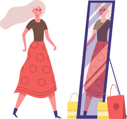 Woman trying on new clothes looking in mirror