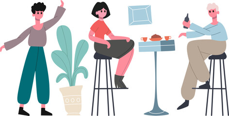 Friends communicating and gathering in a cafe or bar