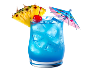 Refreshing blue tropical drink with pineapple, cherry, and umbrella